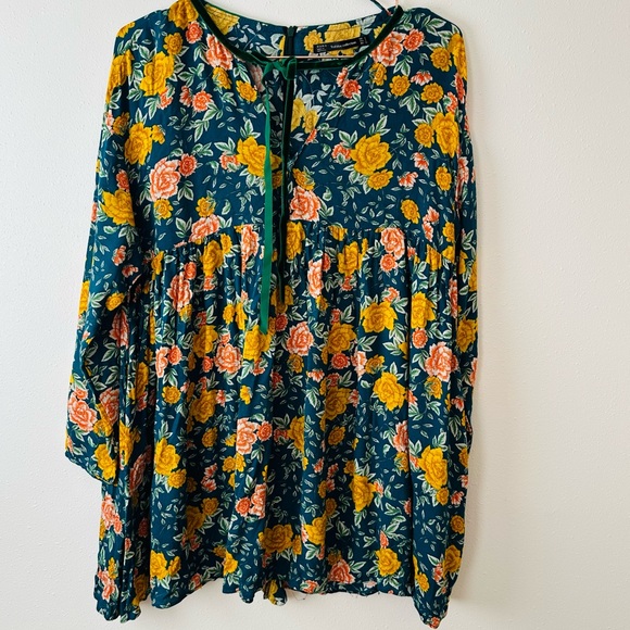 Zara Long Sleeve Floral Boho Flowy Tie Neckline Romper Mini Dress - Picture 6 of 8